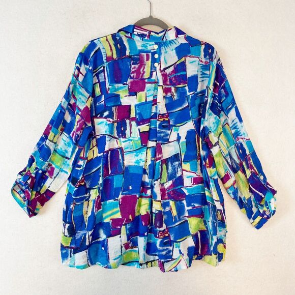Ali Miles Button Up Top Women's Sz XL Colorful Abstract Artsy‎ Pintuck Geometric - Picture 2 of 6